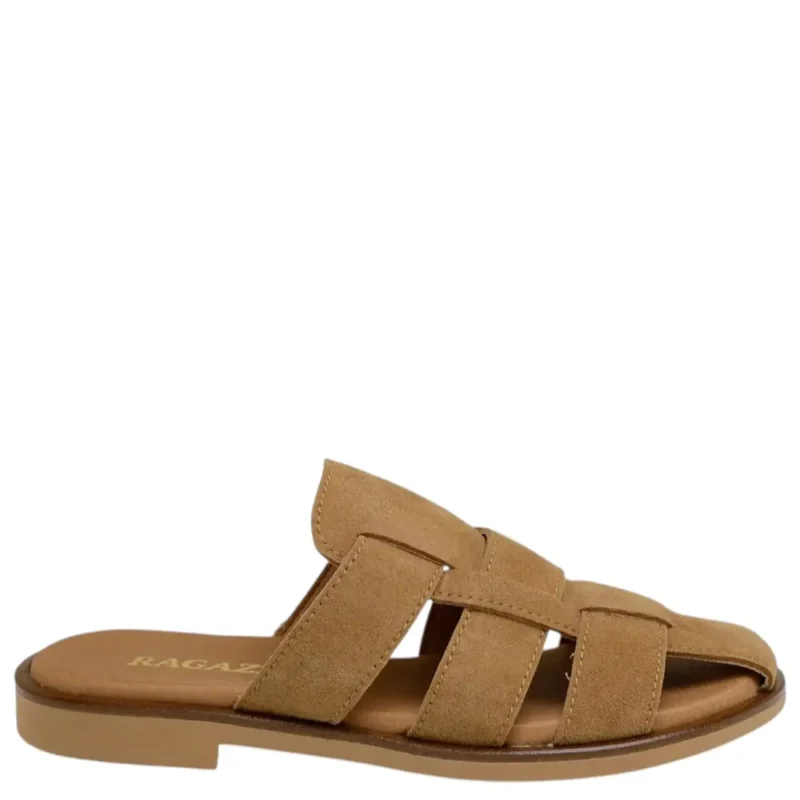 Πλάγια όψη στα γυναικεία fisherman mules Ragazza 01049 σε ταμπά eco καστόρι με τρακτερωτή σόλα.
