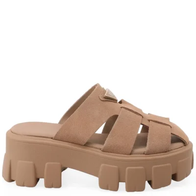 Πλάγια όψη σε γυναικεία flatforms σαμπό Renato Garini W403R095338Z σε μπεζ σκούρο καστόρι.