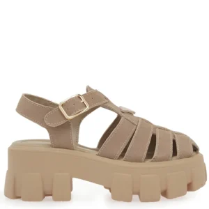 Πλάγια όψη σε γυναικείο πέδιλο flatform Renato Garini W403R6093585 σε μπεζ καστόρι με λουράκι