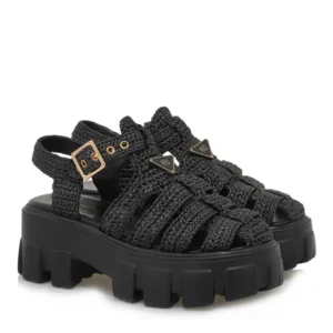 Ζευγάρι γυναικεία πέδιλα flatforms Renato Garini W403R60937A5 σε μαύρο κροσέ, γωνιακή προβολή