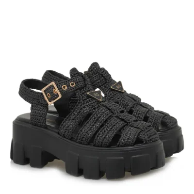 Ζευγάρι γυναικεία πέδιλα flatforms Renato Garini W403R60937A5 σε μαύρο κροσέ, γωνιακή προβολή