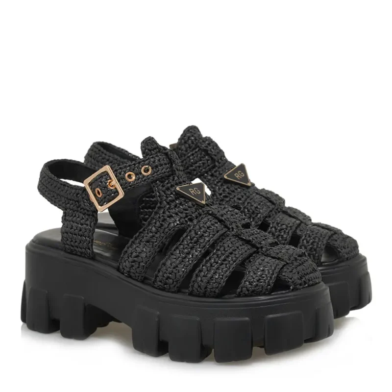 Ζευγάρι γυναικεία πέδιλα flatforms Renato Garini W403R60937A5 σε μαύρο κροσέ, γωνιακή προβολή