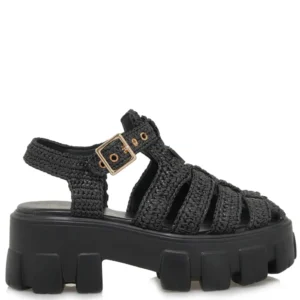 Πλάγια όψη σε γυναικείο πέδιλο flatform Renato Garini W403R60937A5 σε μαύρο κροσέ σχέδιο με λουράκι