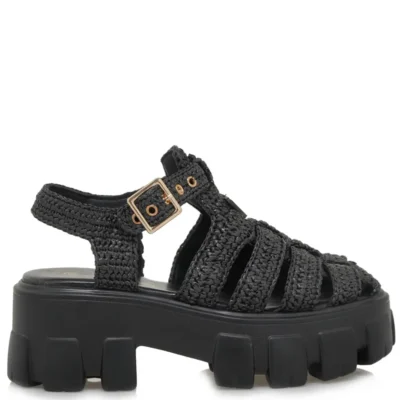 Πλάγια όψη σε γυναικείο πέδιλο flatform Renato Garini W403R60937A5 σε μαύρο κροσέ σχέδιο με λουράκι