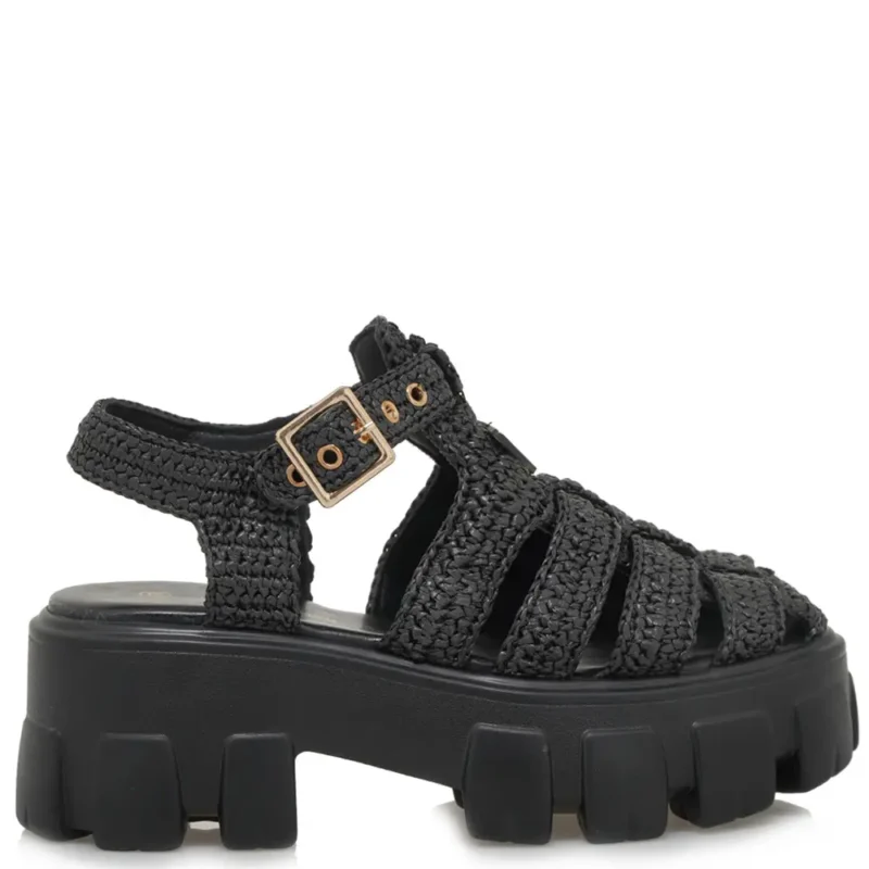 Γυναικεία Πέδιλα Flatforms Renato Garini W403R60937A5 Μαύρο Κροσέ – Πλάγια Όψη Πλάγια όψη σε γυναικείο πέδιλο flatform Renato Garini W403R60937A5 σε μαύρο κροσέ σχέδιο με λουράκι