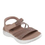 Μπροστινή όψη στα ταμπά γυναικεία πέδιλα Skechers GO WALK Flex 141473, δείχνοντας τα υφασμάτινα λουράκια.