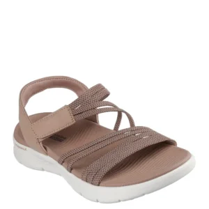 Μπροστινή όψη στα ταμπά γυναικεία πέδιλα Skechers GO WALK Flex 141473, δείχνοντας τα υφασμάτινα λουράκια.